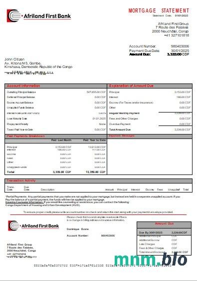 Kongo Bank Afriland First wyciąg z kredytu hipotecznego szablon Word i PDF